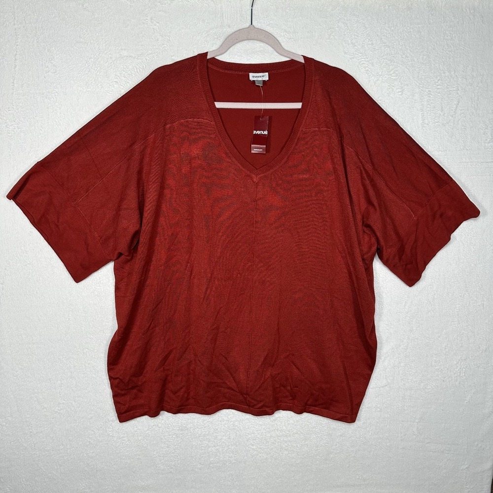 NWT Avenue Plus Size 22/24 Rust Knit Top V-Neck Short‎ Sleeve Boho Earthy Tee